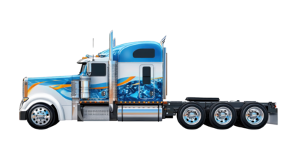 A blue and white semi truck with a blue stripe on the side