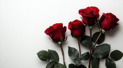 Fototapeta premium Three red roses arranged on a white surface creating a simple and elegant floral display