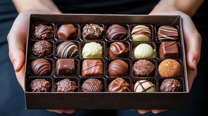 A person is holding a box of assorted chocolates. The box is filled with various types of chocolates, including some with nuts and others with different flavors