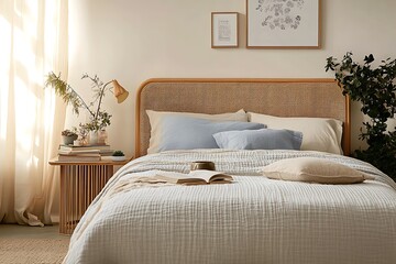 there is a bed with a white comforter and a brown headboard