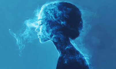 A silhouette of a woman with ethereal blue smoke, creating a mystical and dreamy atmosphere.
