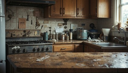 Cooking action in a rustic kitchen home environment interior view