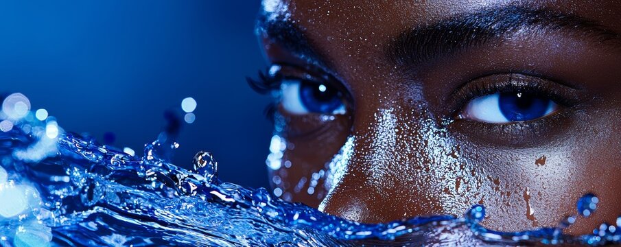 A model with deep ebony skin is illuminated by radiant water splashes, her hydrated complexion glowing vibrantly against a dreamy twilight backdrop of indigo hues.