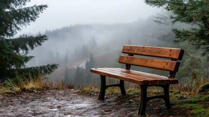 Obraz premium A wooden bench-style chair on a foggy hiking trail, overlooking a valley.