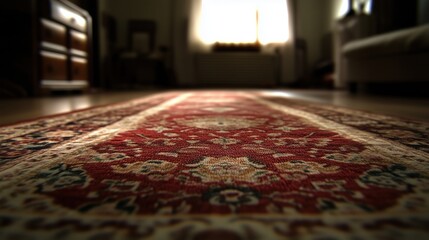 A close-up view of a beautiful red area rug with intricate patterns in a softly lit room.