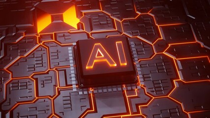 AI Processor with Glowing Circuit Board Representing GPU Model Training and Neural Processing