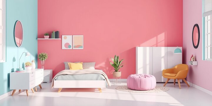 Modern bedroom interior mockup with a vibrant color palette, stylish furniture, and trendy decor items, decor items, modern, teengirl