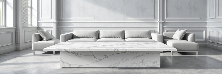 Modern classic living room with gray sofa, marble table, white wall panels, and concrete wall, rendered in 3D, gray, 3D, modern