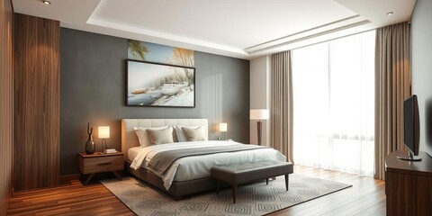 Fototapeta premium Modern hotel bedroom interior with a bed positioned near a window, featuring a mockup wall for customizable artwork or designs, bedroom, luxury, design