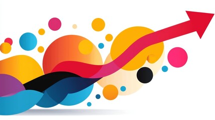 An abstract financial chart with colorful, flowing patterns representing diverse data points and a red arrow indicating upward momentum.