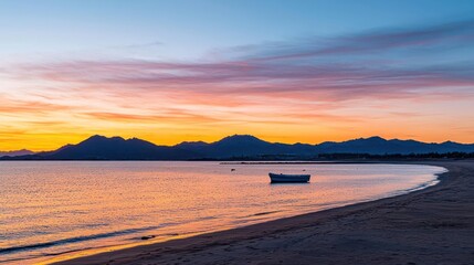 Obraz premium Serene Sunset Over Coastal Mountains and Sandy Beach