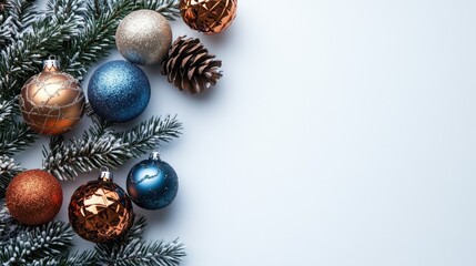 Christmas tree branches adorned with ornaments and pine cones on a white background