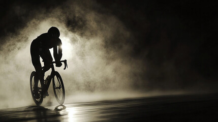Obraz premium A lone cyclist pedals through a misty landscape, a silhouette against the diffused light. The rhythmic motion blends with the atmospheric mystery.