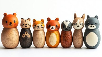 Obraz premium Collection of colorful wooden toy animals including a lion elephant and giraffe on a white background