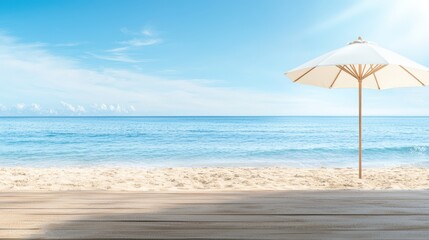 Fototapeta premium Relaxing beach umbrella on wooden deck overlooking the breathtaking ocean view scenic