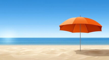 Fototapeta premium Bright orange beach umbrella providing shade on a sunny sandy beach, perfect for summer relaxation