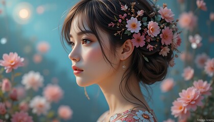 Naklejka premium Beautiful Asian Woman with Pink Flowers in Hair Artistic Digital Painting