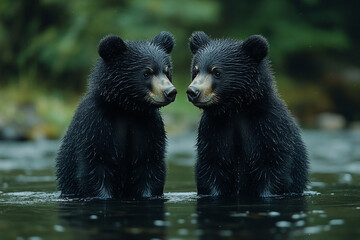 Obraz premium Mirror Image, Two Young Black Bears in a Tranquil River Setting