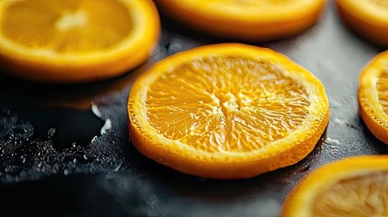 Close up image showcasing several vibrant juicy orange fruit slices