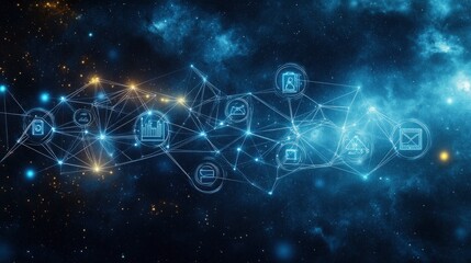 A futuristic digital network concept with glowing connections and various technology-related icons in a cosmic background