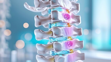 A 3D anatomical model of a spine showing inflammation and degenerative disc disease, magnified for educational purposes.
