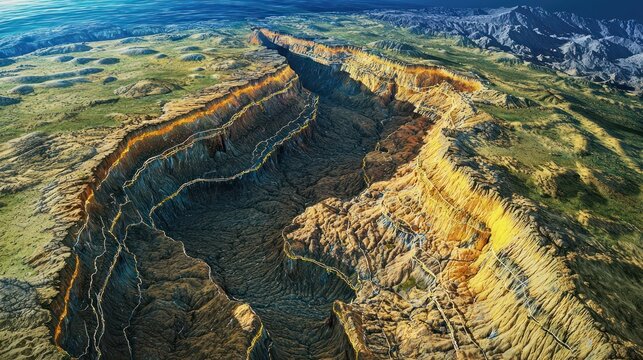 A geological diagram illustrating plate boundaries and tectonic plate movements beneath Earth's surface.