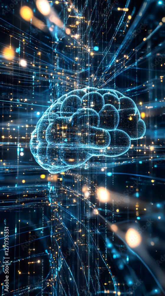 Aufkleber Artificial intelligence represented by a glowing digital brain exchanging data through connections in a virtual environment