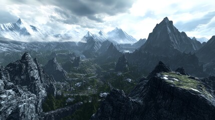 Awe-Inspiring Mountain Range with Snowy Peaks and Misty Valley. Breathtaking views of high altitude terrain. A spectacular landscape painting.