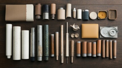 Aesthetic arrangement of various cylindrical objects and materials on a rustic wooden surface