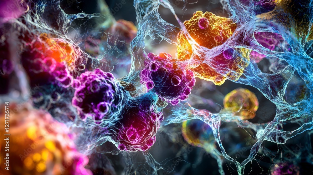 Poster microscopic view of engineered glowing cells laboratory scientific imagery digital environment close