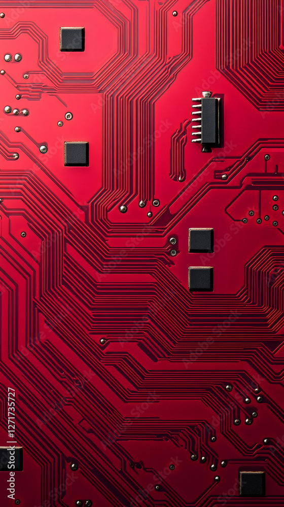 Aufkleber close-up of red electronic circuit board with integrated circuit, tracks, and electronic components,