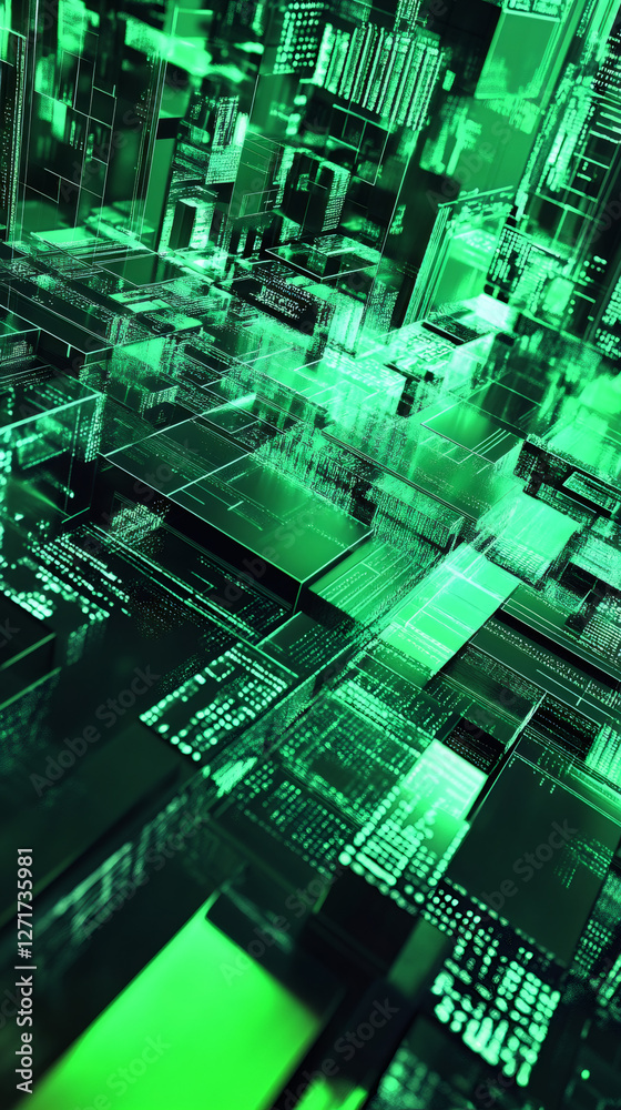 Aufkleber Complex server architecture processing data streams, visualized as a green matrix code in a futuristic setting