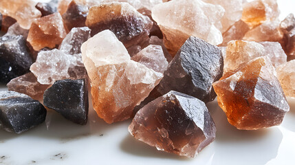 Black Himalayan salt sprinkled over a smooth white surface, each crystal catching the light and adding a natural texture to the scene.