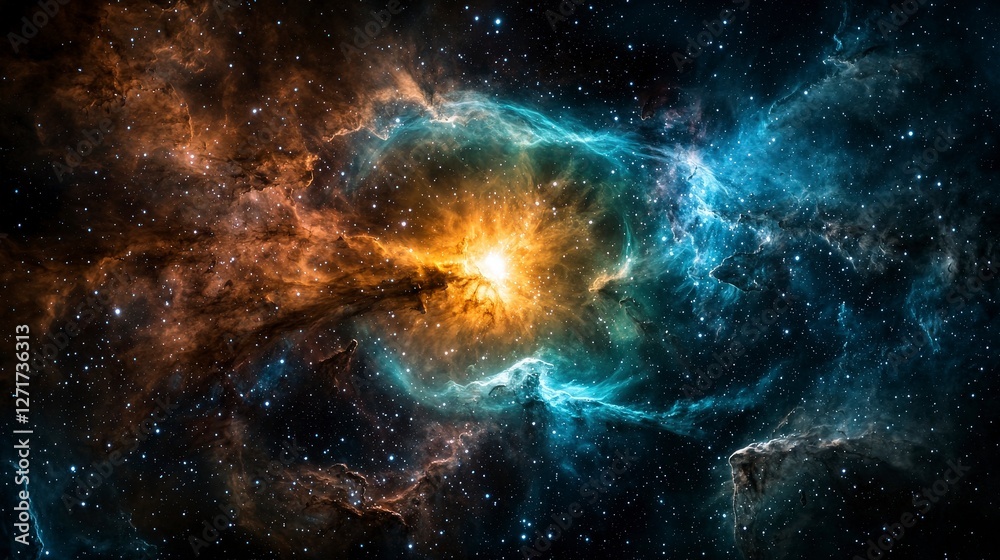 Fototapete Mystical cosmic nebula displaying glowing colors in deep space abstract art celestial environment wide angle view