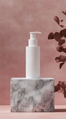 there is a bottle of liquid sitting on a marble block