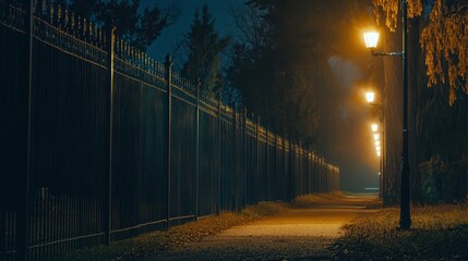 A tall iron boundary fence around a private estate, with security lights mounted along its length.