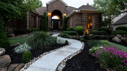 Obraz premium Luxurious brick home, landscaped walkway, evening lighting, suburban setting; real estate