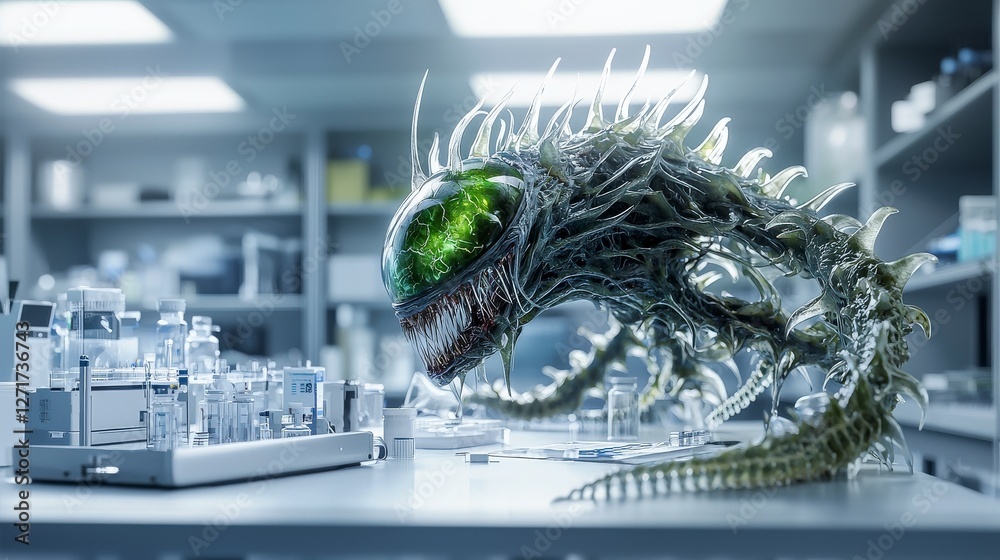Poster Bioengineered alienlike creature examined in laboratory setting futuristic science environment close-up view