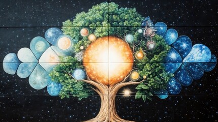 A stunning mural illustrating a cosmic tree of life, representing the harmony between nature and the universe in a vibrant, magical design.