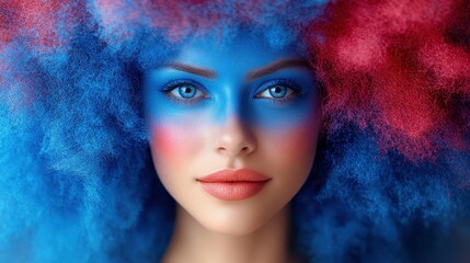 Fototapeta premium A woman with blue and red hair and blue and red makeup. She has a big smile on her face