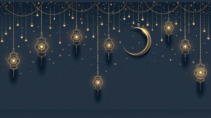 Elegant night scene with hanging lanterns and crescent moon, creating a serene atmosphere