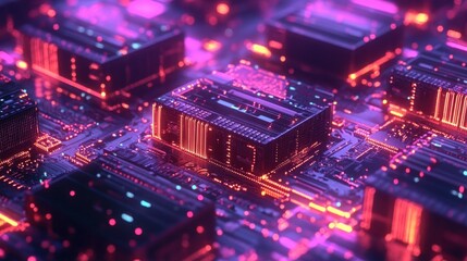 Obraz premium Cryptocurrency mining farm with futuristic glowing data servers.