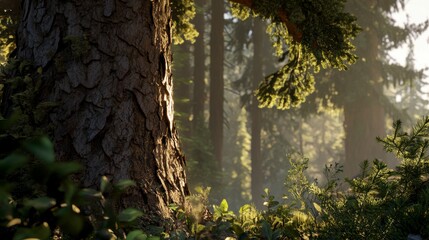 Misty Forest Sunlight: A Serene Woodland Scene