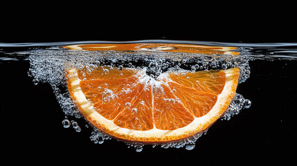 Orange Slice Submerged: A vibrant orange slice plunges into clear water, surrounded by bubbles against a stark black backdrop. Refreshing citrus in motion.