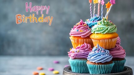  A stack of colorful cupcakes with "Happy Birthday" in playful text.