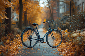 Fototapeta premium Autumnal Bicycle Serenity, A Pause in the Golden Season's Embrace