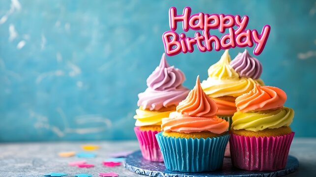  A stack of colorful cupcakes with "Happy Birthday" in playful text.