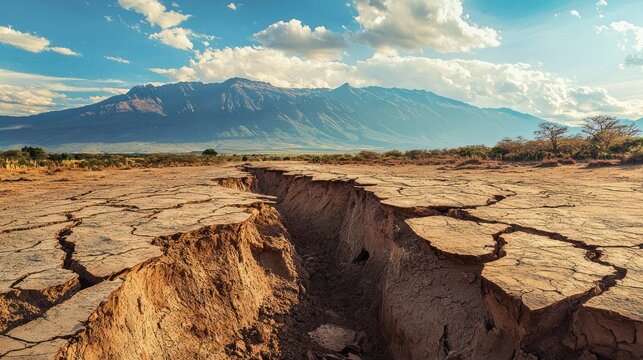 A photo of a rift valley formed by divergent boundary tectonic movements, with cracked earth and visible fissures.