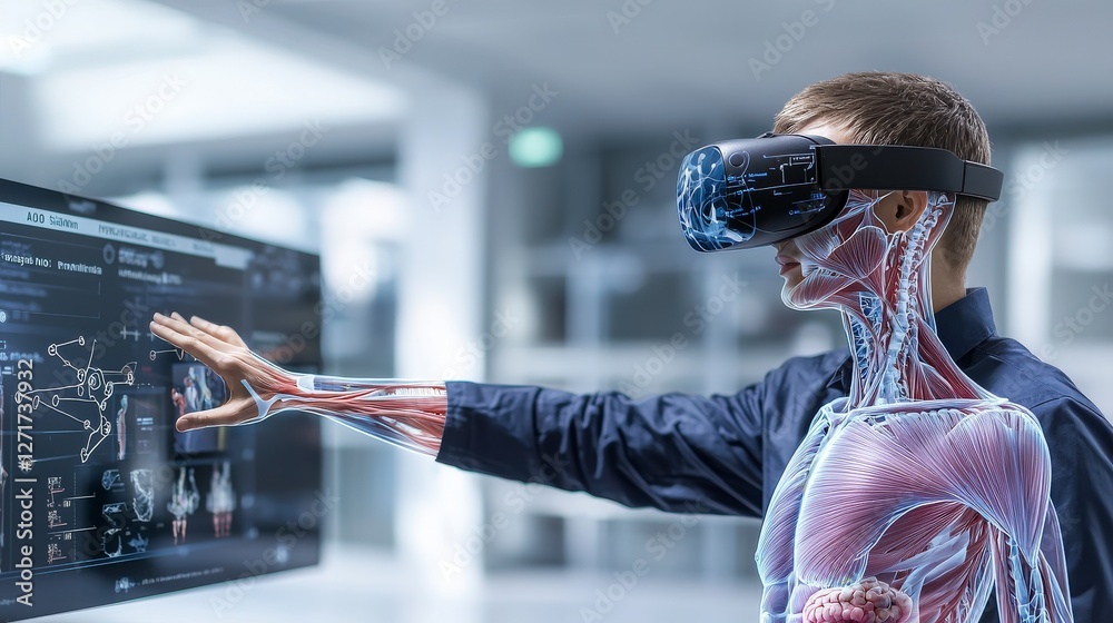 Poster student exploring human anatomy through augmented reality headset in modern classroom environment
