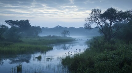 Misty Morning Over a Tranquil River with Birds, Serene Wetland Landscape